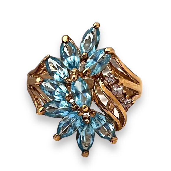 Vintage Ring Size 6 Blue Crystal Cluster 14K Gold Plate Mid-Century 14E - Picture 5 of 14